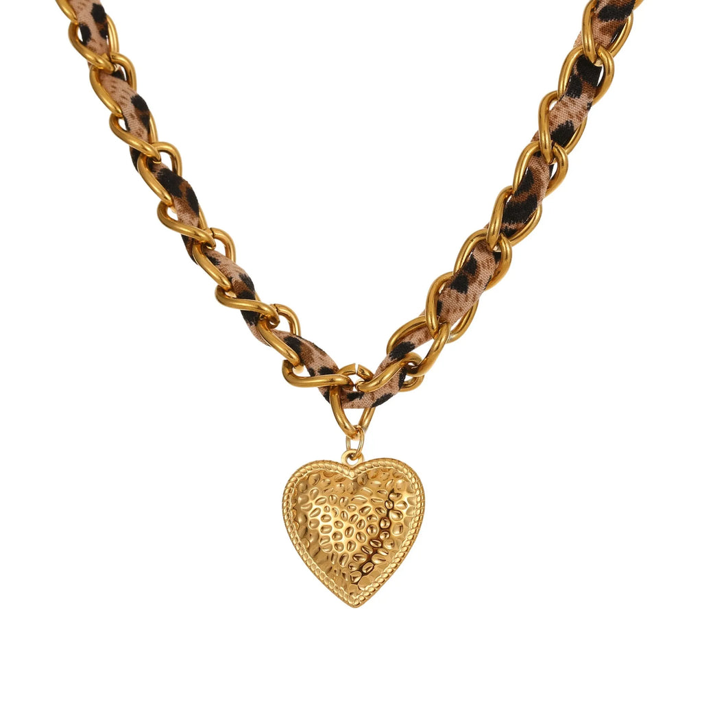 Stainless steel leopard love pendant necklace with 18K gold electroplating on adjustable chain