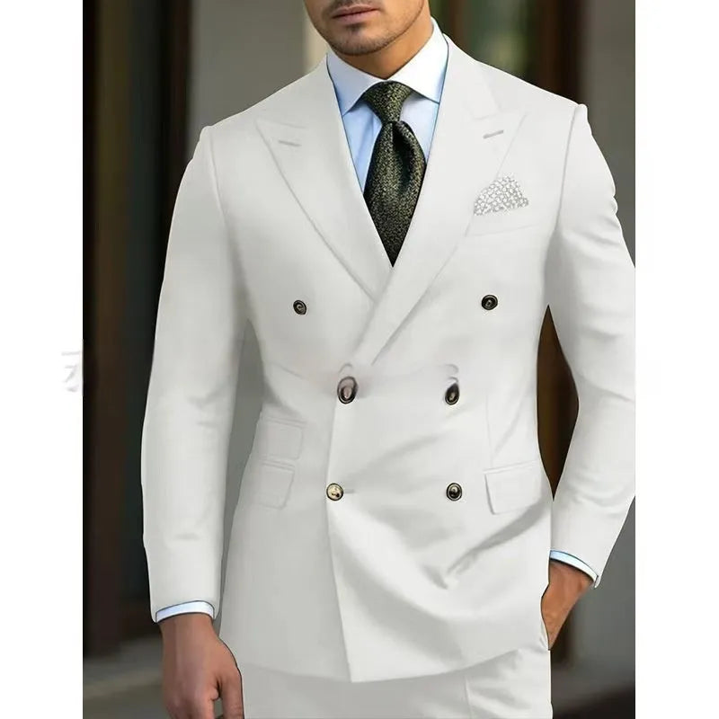 Men's two piece light business suit set in cotton blend fabric available in brown navy and gray sizes XXS to 7XL