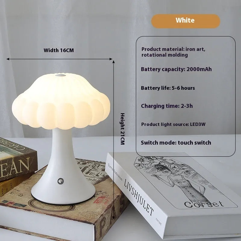 Mushroom-shaped night light with USB charging port and touch controls in five colour options