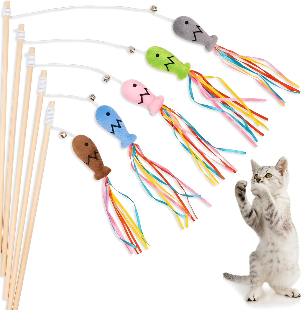 Colourful cat wand toy with ribbons, catnip fish, and bell on a wooden handle.