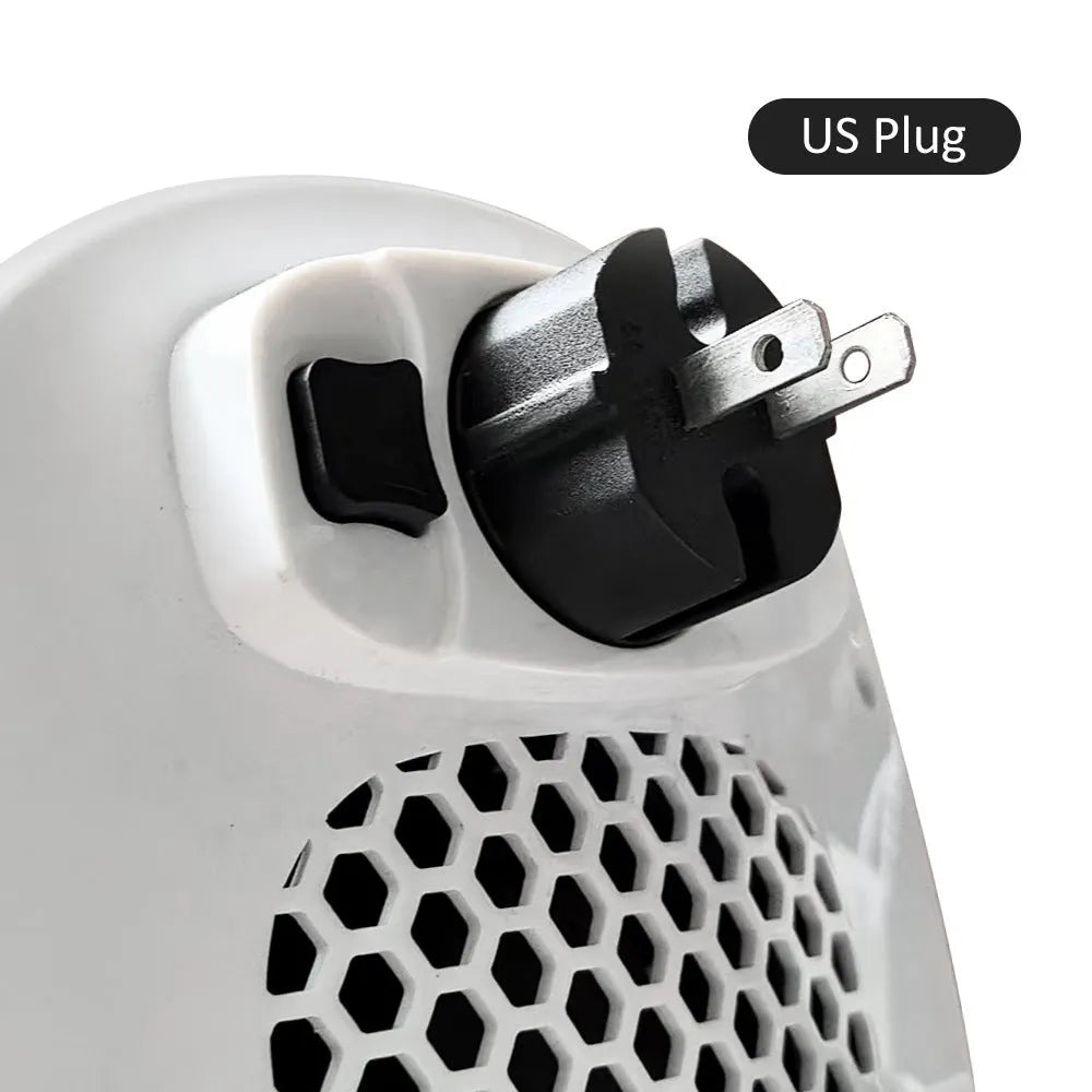 White ceramic heating electric hot air blower heater with remote control on table