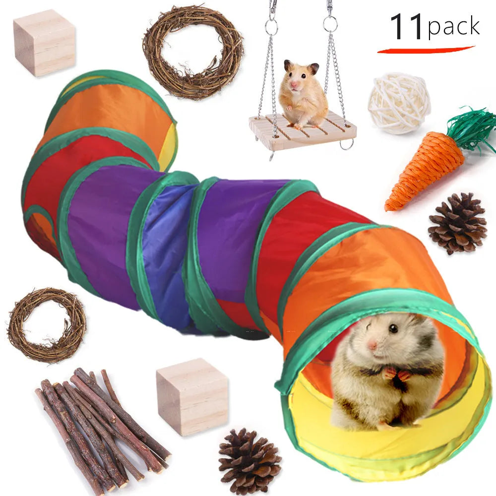 Wooden pet toy set with chewable pieces for rabbits, guinea pigs and parrots