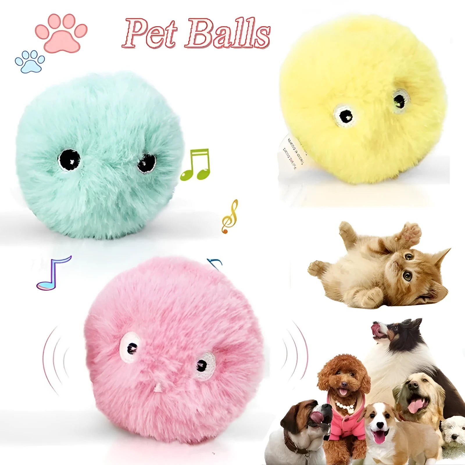 Interactive cat toy ball producing animal sounds when touched, available in blue, pink, and yellow
