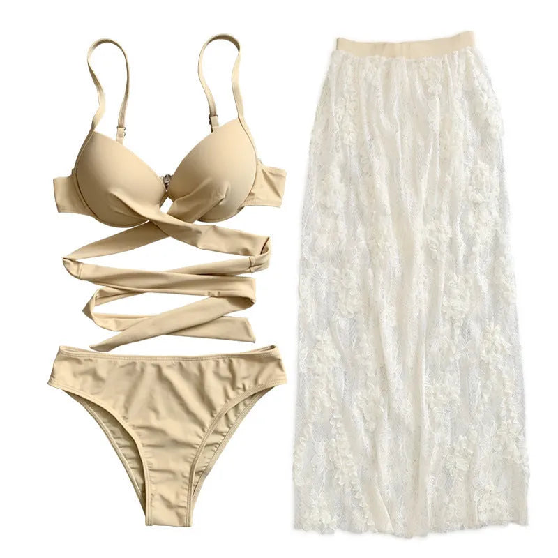 Three-piece backless push up bikini set in solid colour with top, panties and skirt components