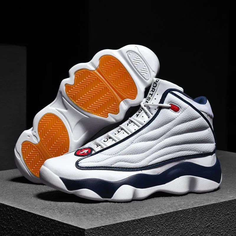 High-top basketball shoes with thick rubber sole and mesh upper in AJ13 colour options