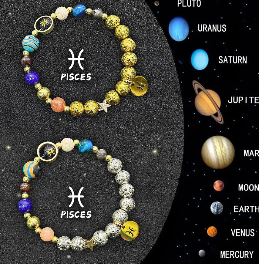 Set of two natural stone beaded bracelets with twelve different zodiac sign designs.