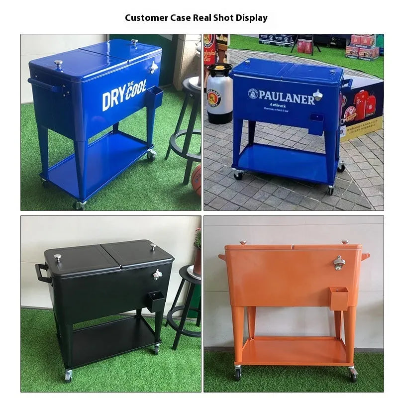 Red iron insulated trolley cooler with wheels for outdoor events and picnics