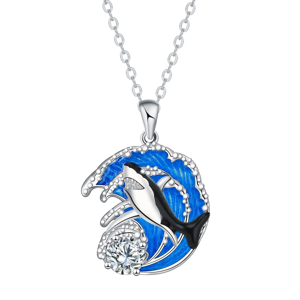 Women's copper shark necklace with cross chain design showing animal pendant and adjustable length