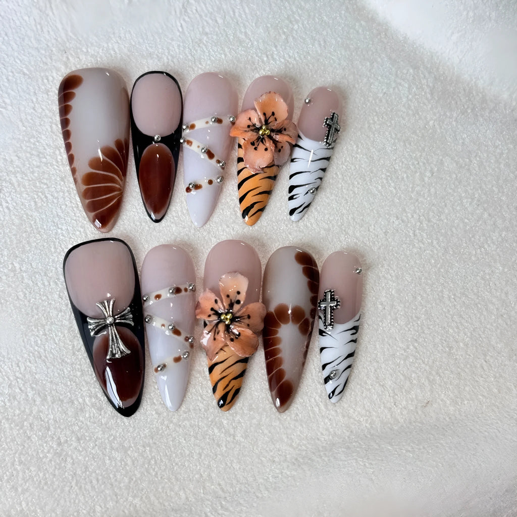 Handmade French style leopard print nail stickers with cross and flower patterns in retro hot girl design