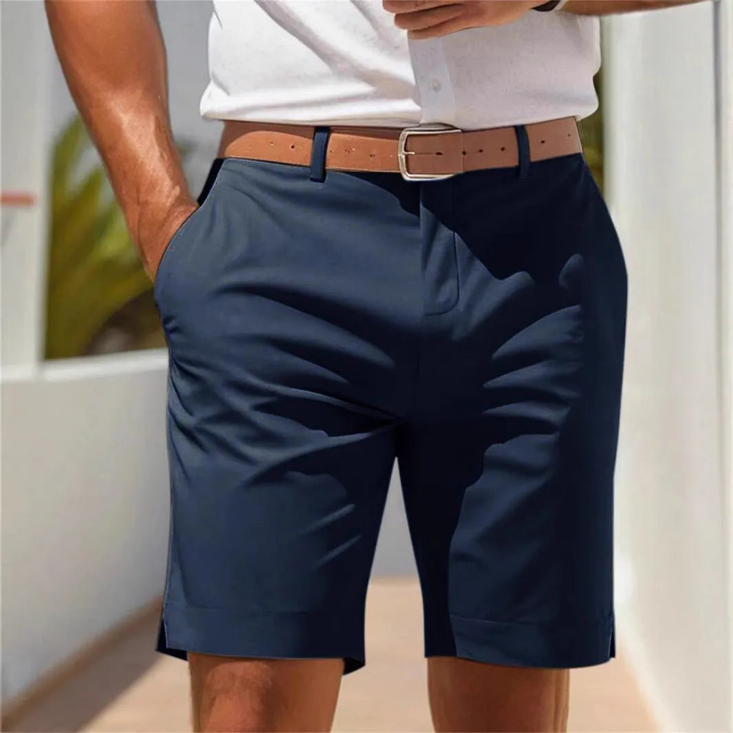 Men's straight fit light grey polyester summer shorts on a hanger, showing business casual style.