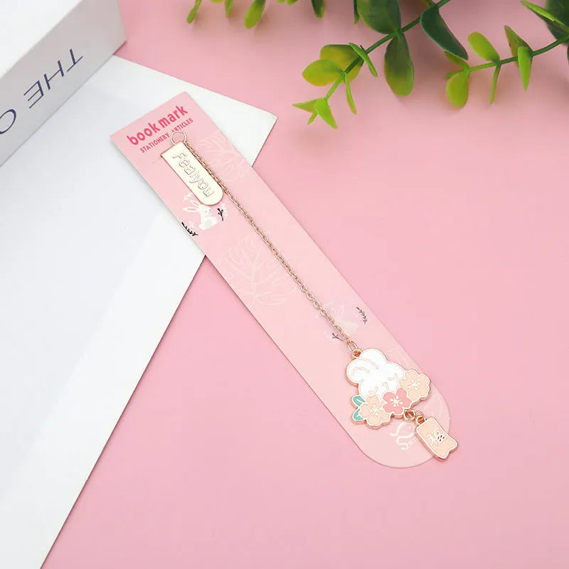 Metal pendant bookmark with cartoon cherry cat design for book marking