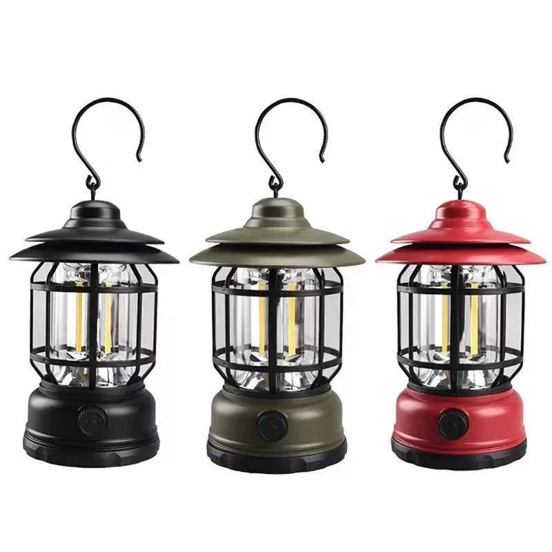 Portable camping lantern in dark green, black or red colours with battery power options
