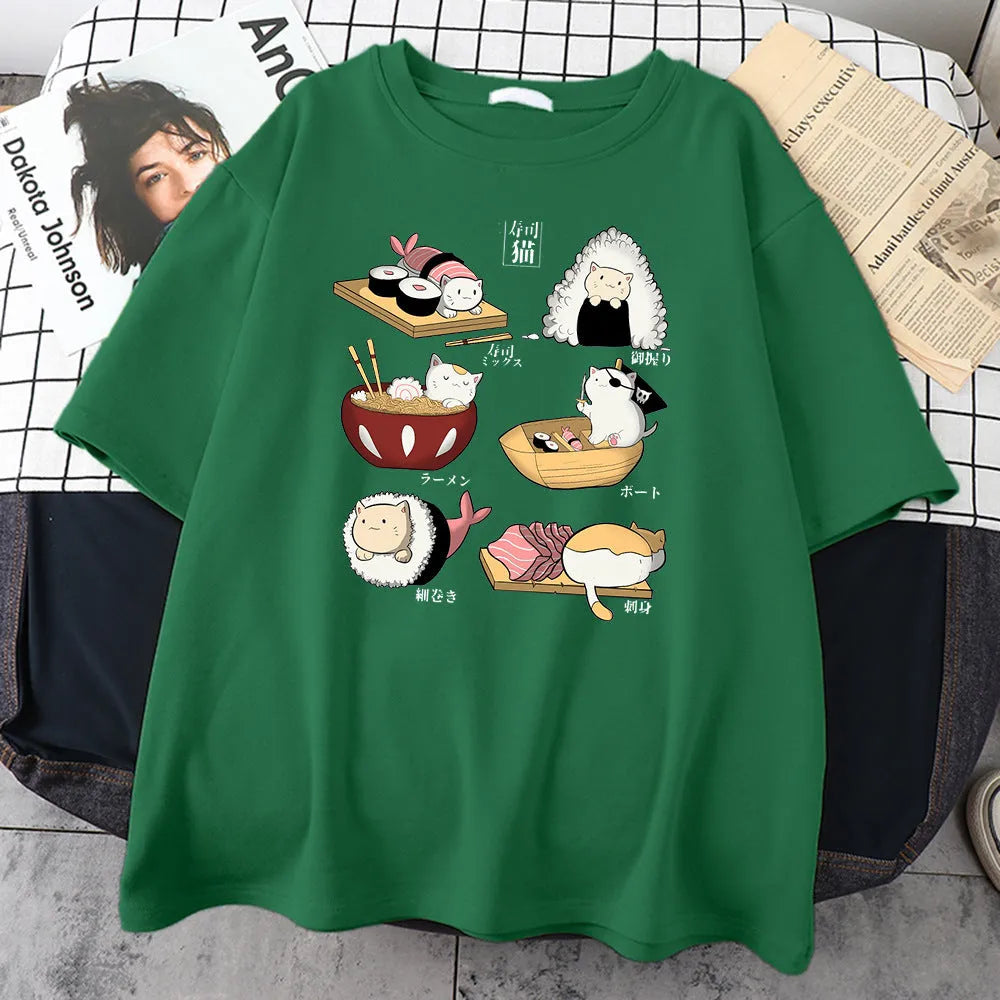 Men's black cotton T-shirt with printed cat sushi cartoon design, short sleeves, loose fit