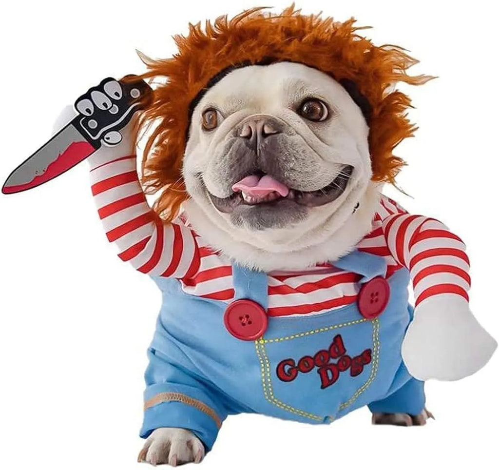 Striped Halloween costume set for pet dog or cat, showing pants, harness, and toy knife accessory.