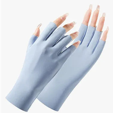 Women's fingerless UPF50+ sunscreen gloves in cooling ice silk nylon fabric