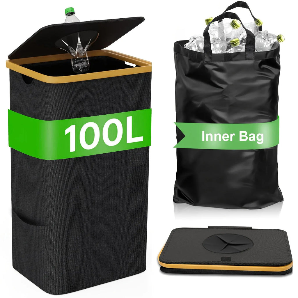 Black bamboo storage basket with a removable lid and visible inner pockets.