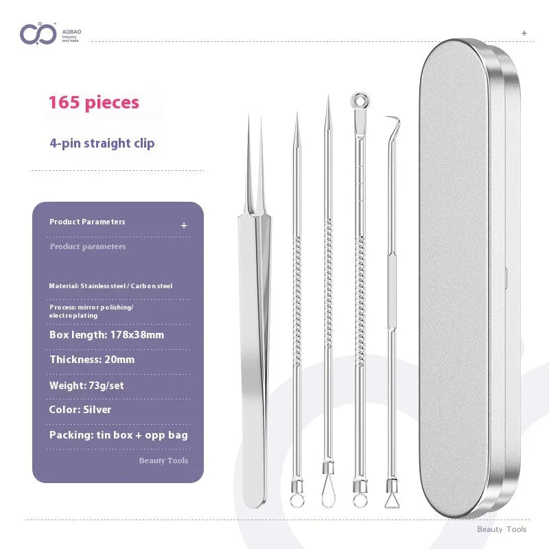 Four metal acne needles with pointed tips arranged on a clean surface.