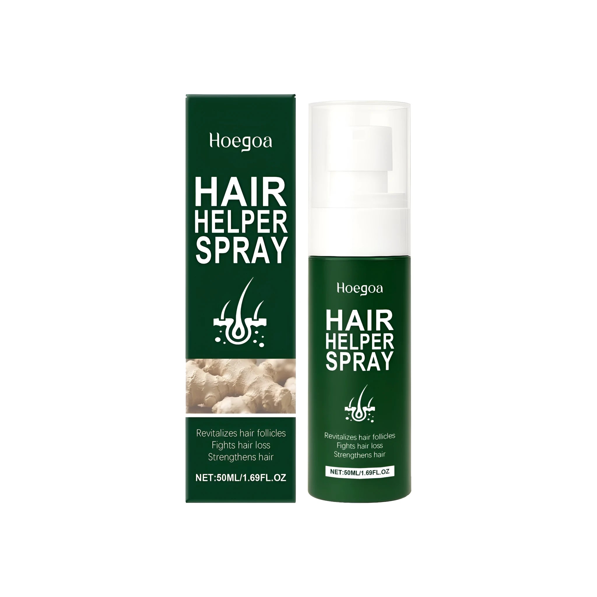 50ml bottle of Secret Hair Helper Spray with ginger and botanical extracts for hair growth.
