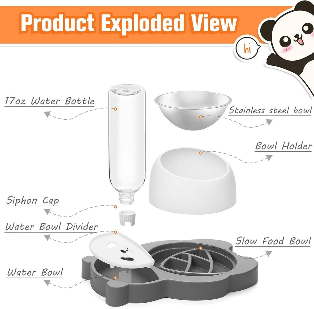 Grey panda-shaped automatic water bowl for cats with tilted feeding design and 17 oz water bottle
