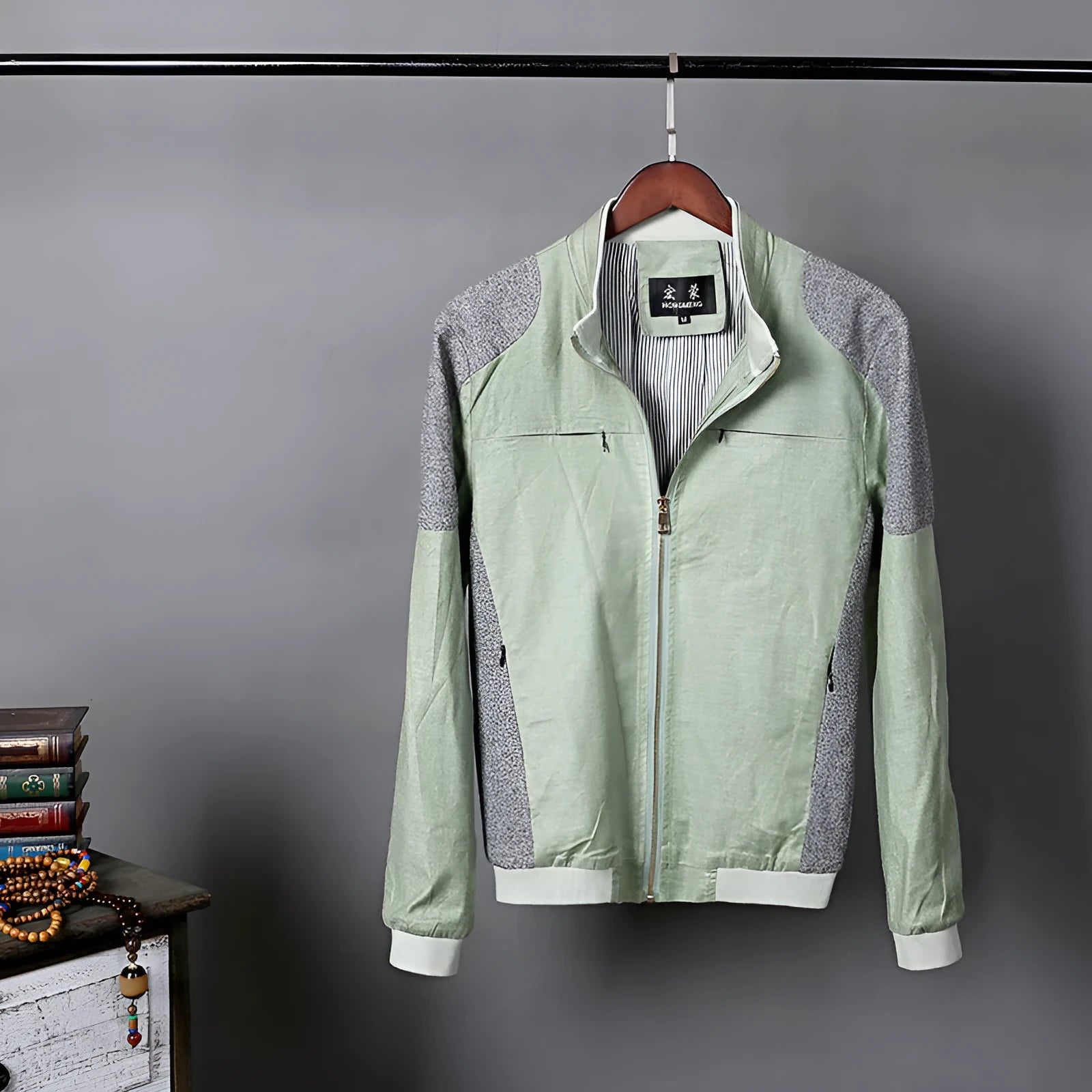 Men's thin linen jacket in lightweight cotton fabric available in blue, grass green, and heather grey colours