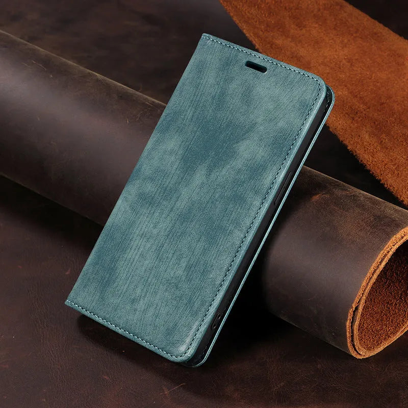 Leather and TPU magnetic flip phone case for iPhone in multiple solid colours.