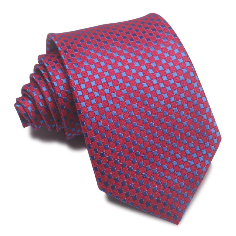 Men's red, black, and blue striped jacquard tie with an arrow shape and 8cm width.