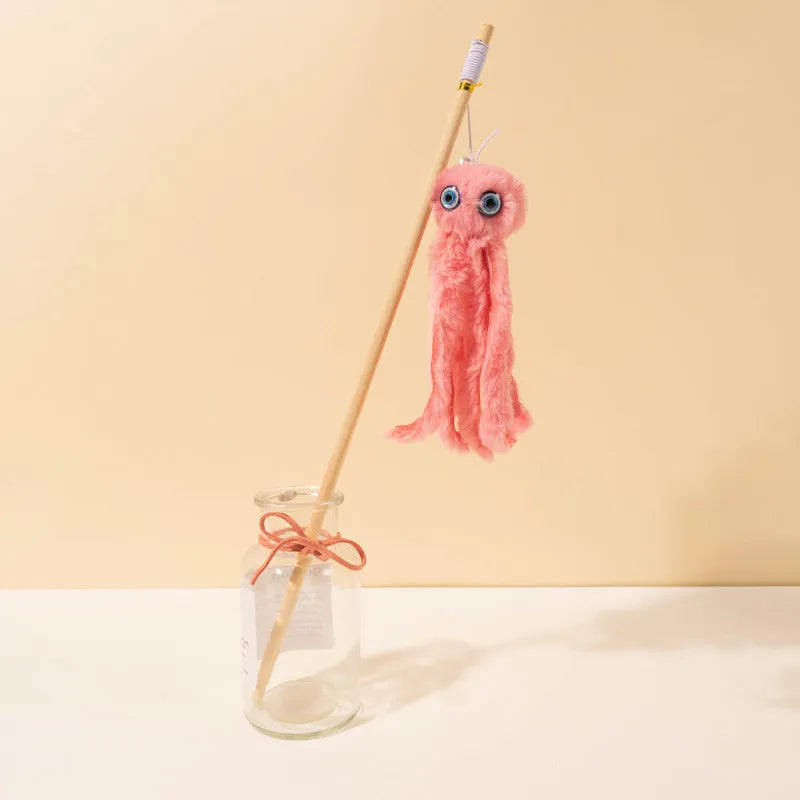 Octopus-themed cat toy with long stick handle and moving eyes for indoor play with kittens