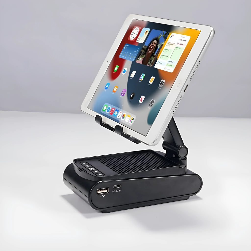 Multi-function lazy phone holder with Bluetooth speaker USB powered black white plastic