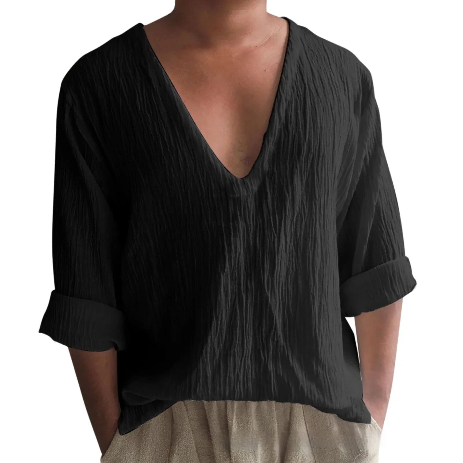 Men's long sleeve V-neck t-shirt in washed cotton solid colour.