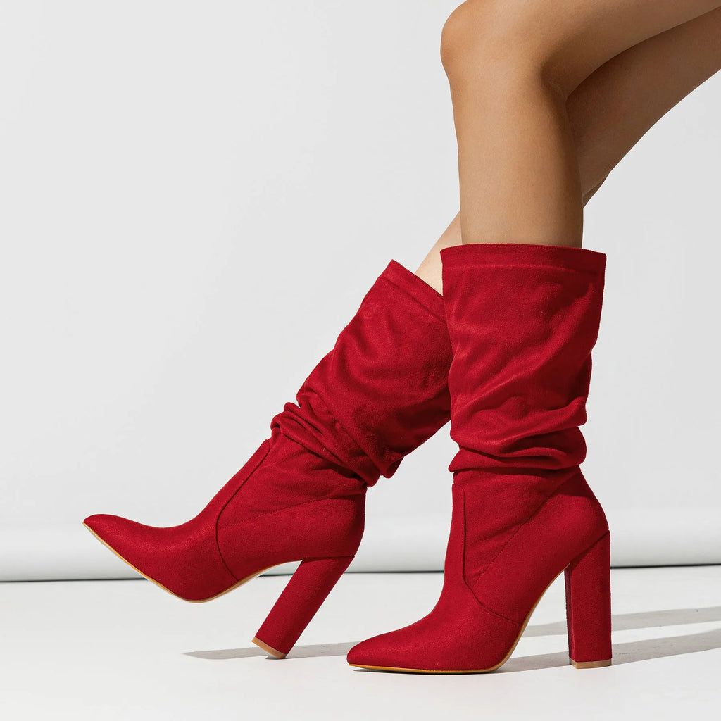 Women's black suede boots with pointed toe and chunky high heel above 8cm, mid-calf length