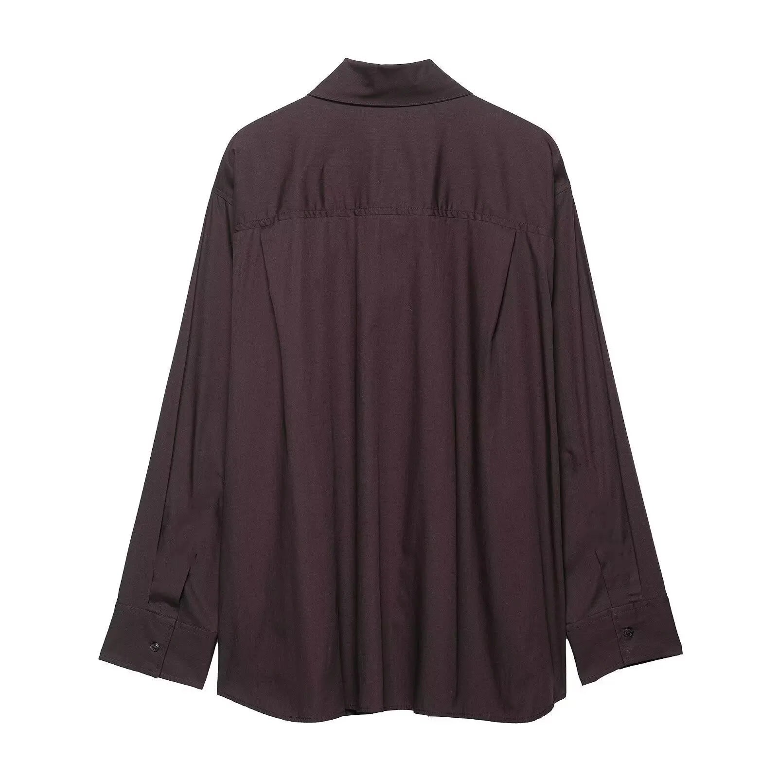 Brown women's loose-fit poplin shirt with long sleeves, cardigan style, and a bow tie detail.