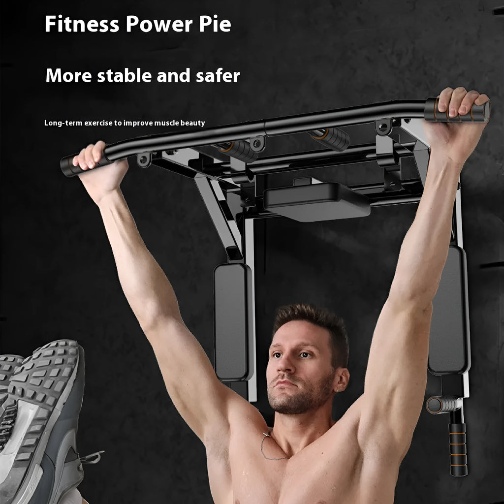 Black wall-mounted metal fitness station with a sandbag rack and single parallel bars for pull-ups