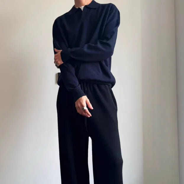 Men's pure wool polo sweater with lapel collar in loose fit, shown in milky white and navy blue colours