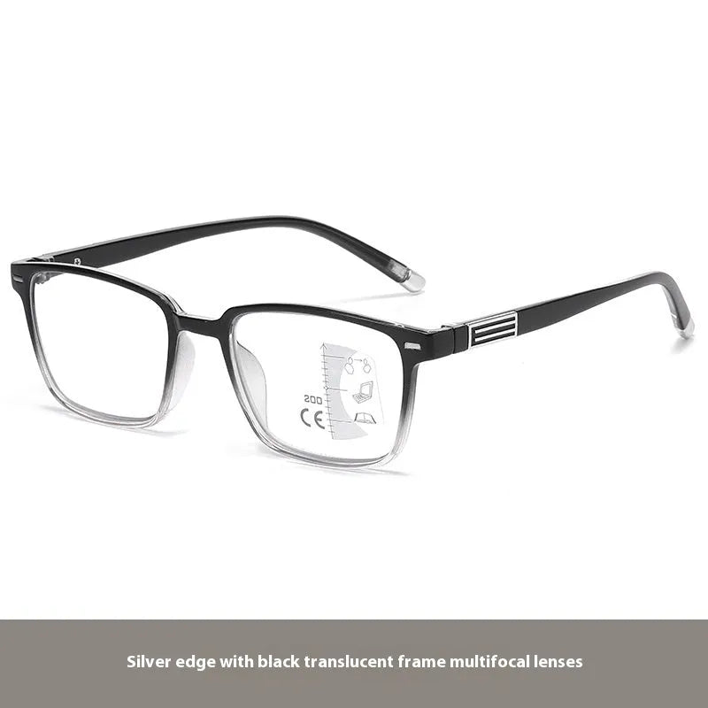 Multifocal reading glasses with anti-blue light and photochromic lenses in black frame with gold accents