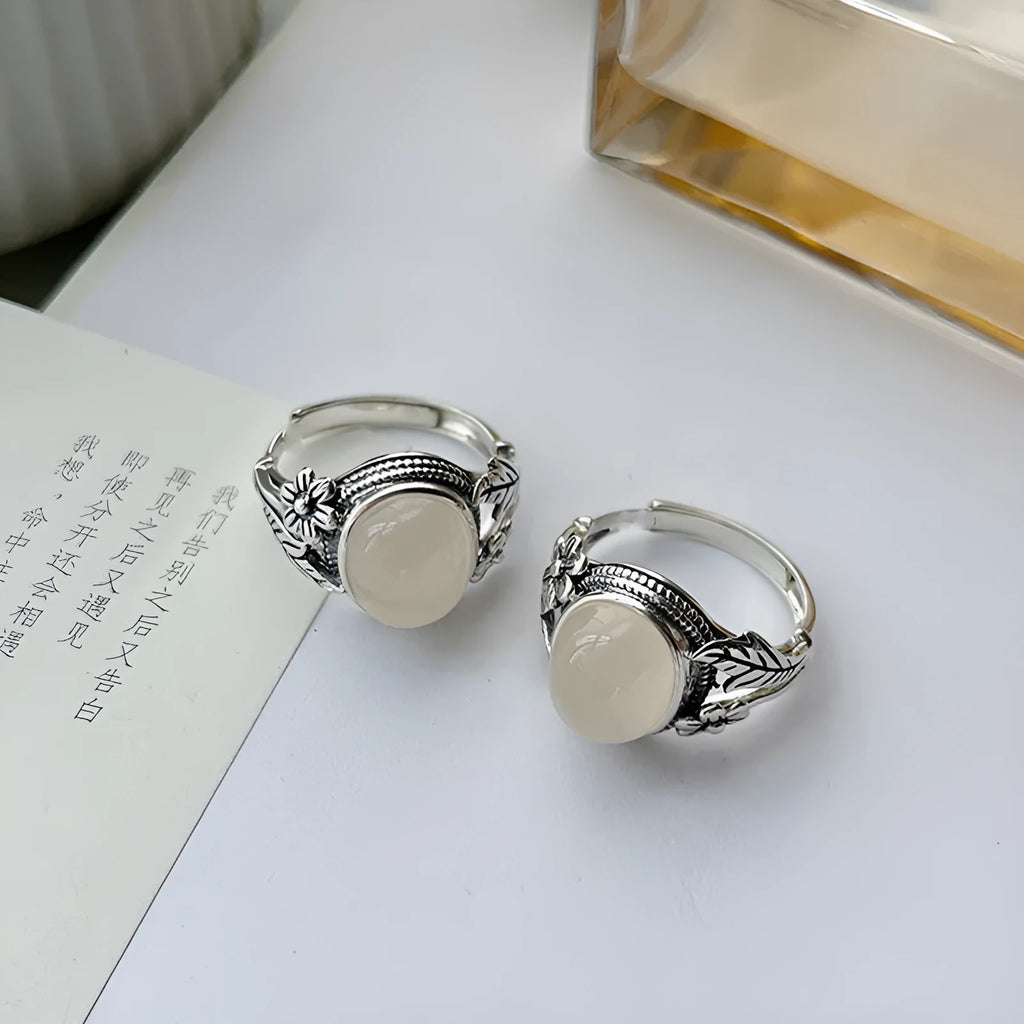 Adjustable copper vintage ring with white chalcedony stone and U-shaped band