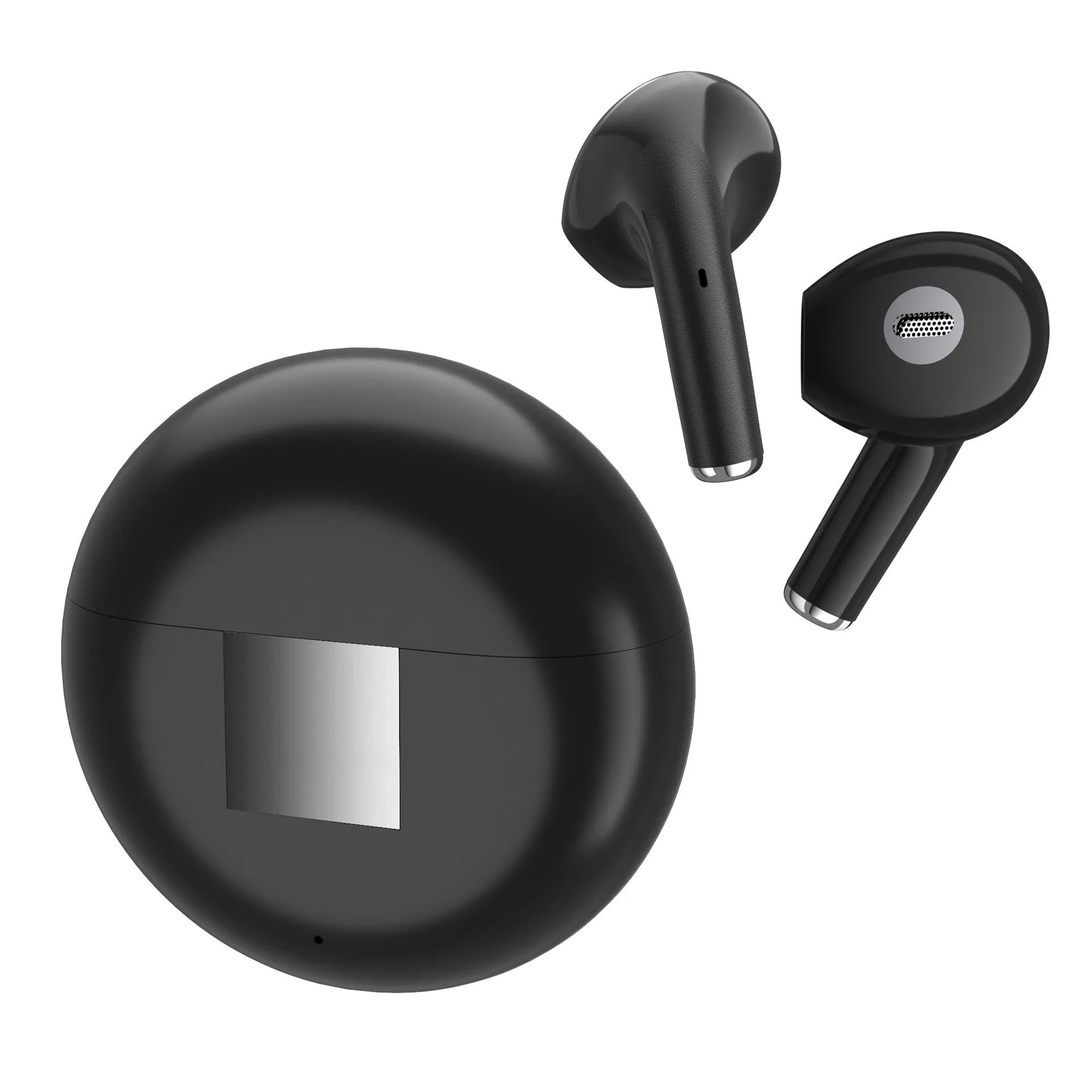 White Budz5 wireless Bluetooth earbuds with charging case, semi-in-ear design with noise reduction