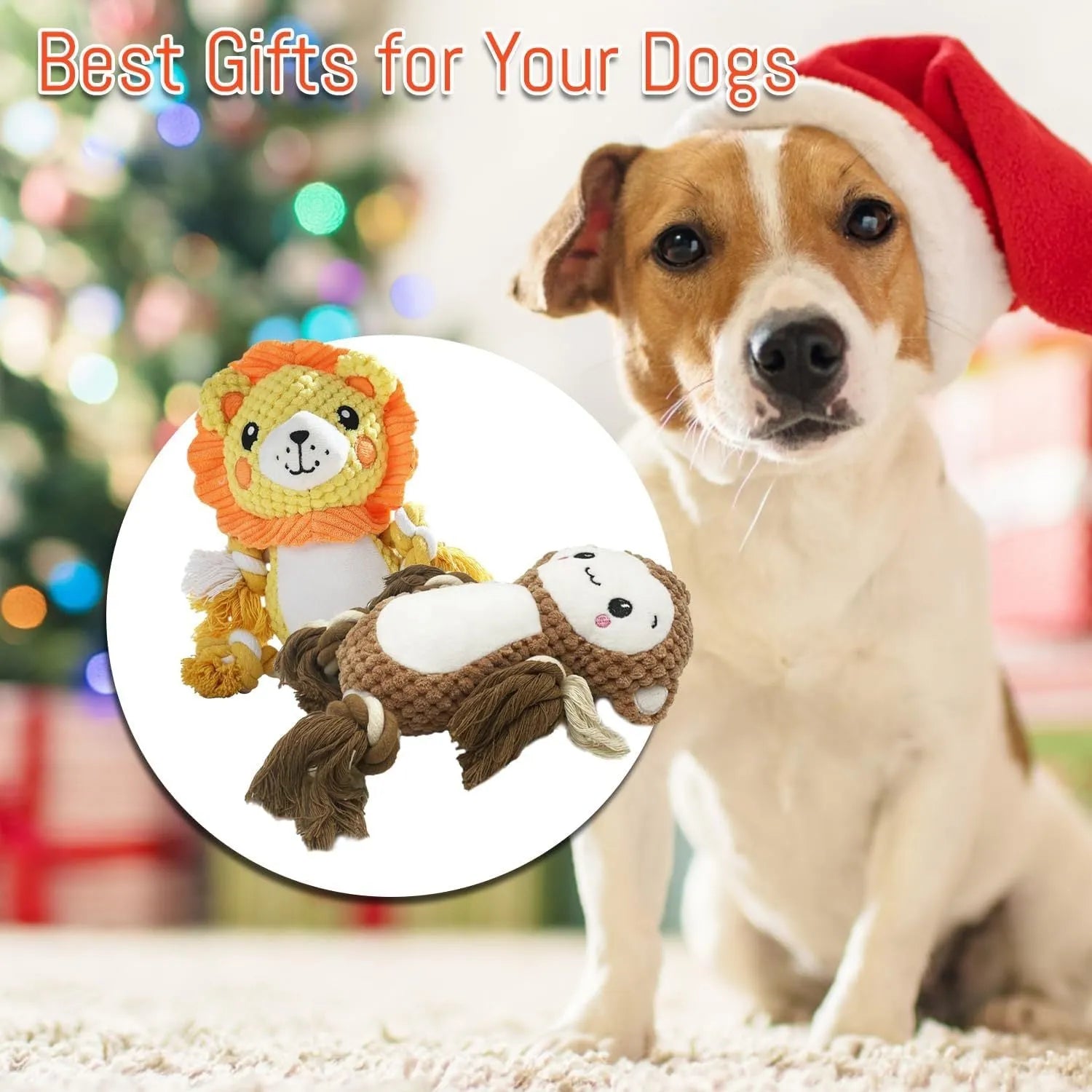 Lion and monkey plush squeaky dog toys side by side, showcasing two different designs in the bundle.