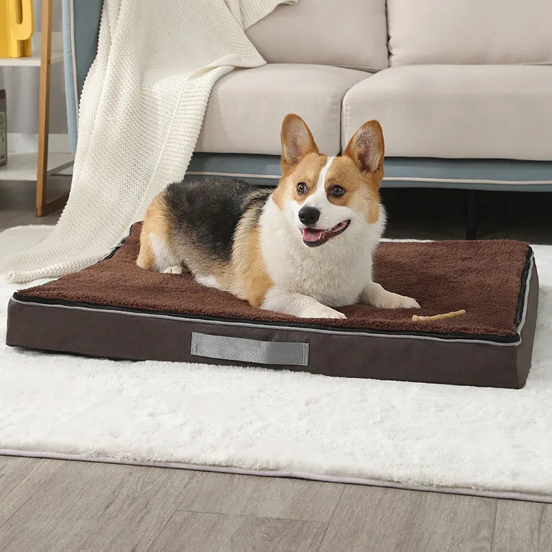 Brown removable washable sponge dog mat with velvet finish on a sofa