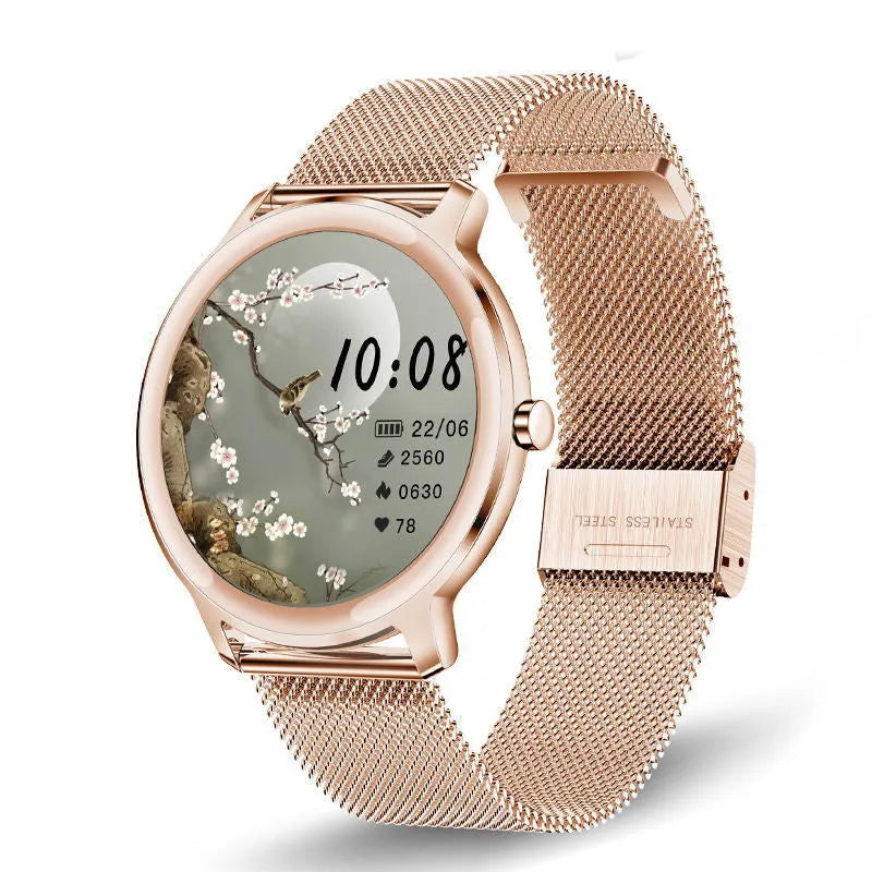 Women's waterproof smart watch with 1.3 inch touch screen and stainless steel wristband