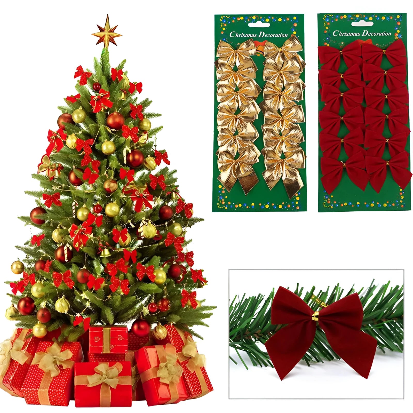 Red gold silver polyester Christmas bow ornament measuring 5 cm with ribbon