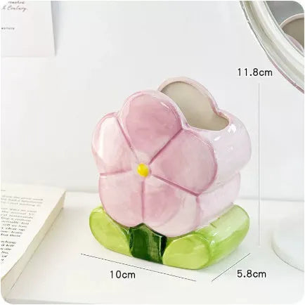 Ceramic flower pen holder storage box with floral pattern, dimensions 11.8x5.8x10cm