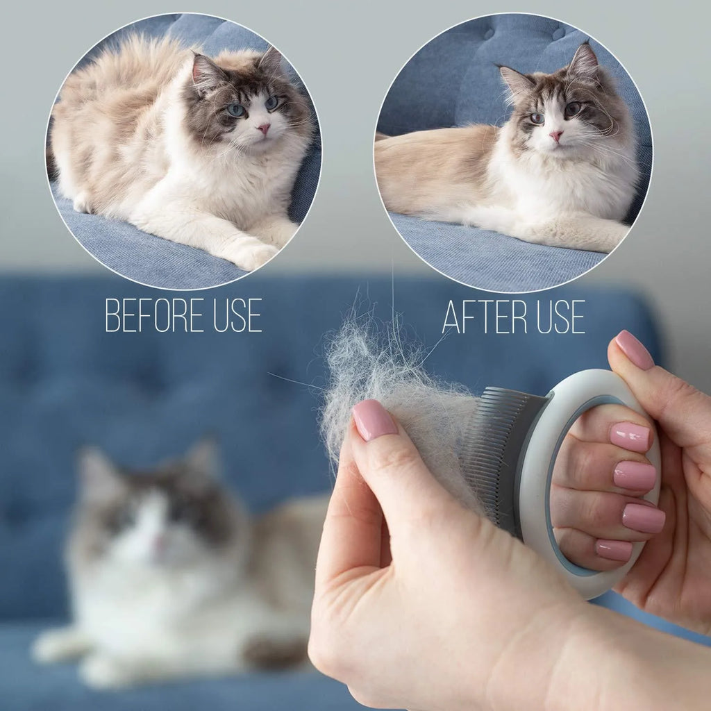 Blue pet grooming comb for cats and dogs on a white background.