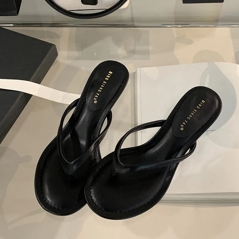 Women's rubber flip-flop sandals with stiletto heel in sheepskin camel colour showing round toe open design