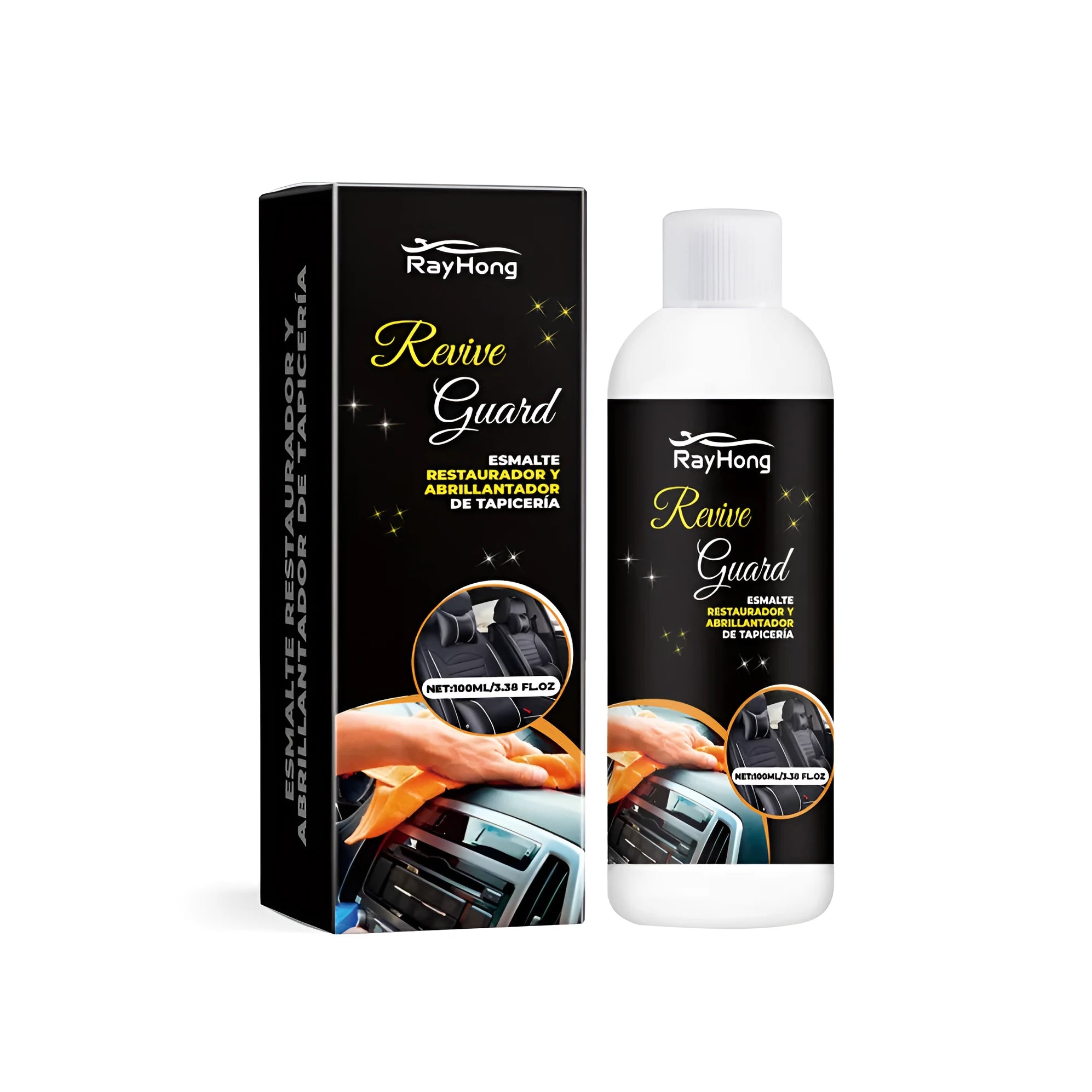 Boxed car interior polish cleaner for leather, plastic and vinyl surfaces, 3.8cm size.