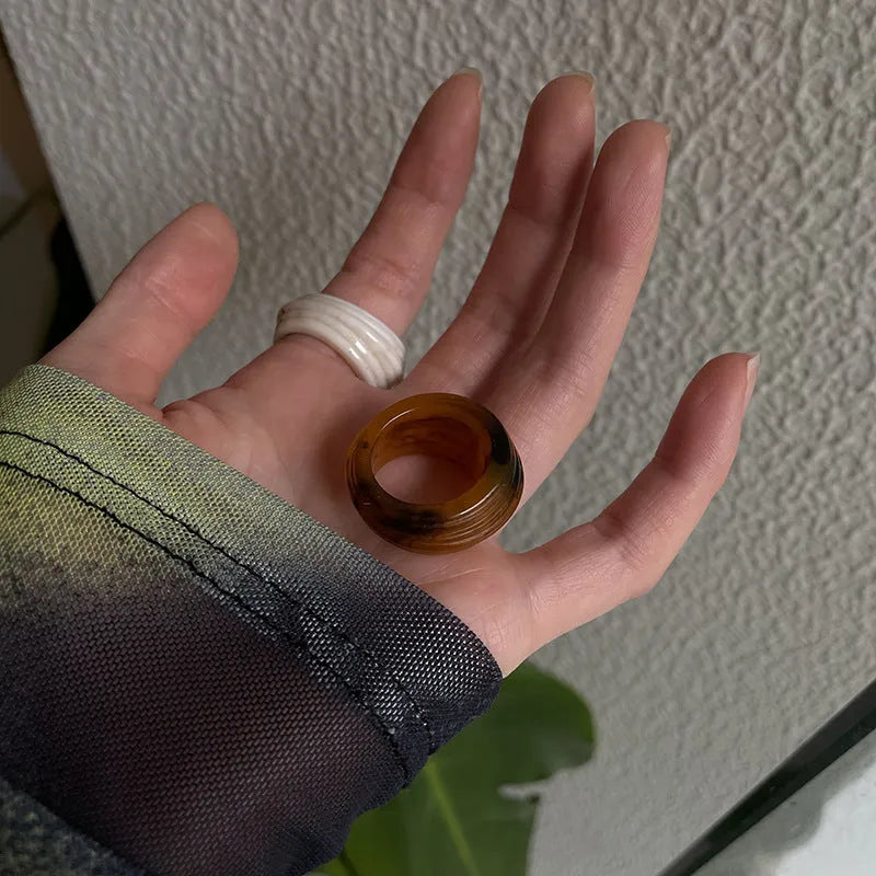 Chinese style irregular geometric resin wide ring in three neutral colours