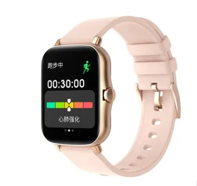 Blue smart watch with 1.7-inch colour touch screen on a wrist, showing fitness data.