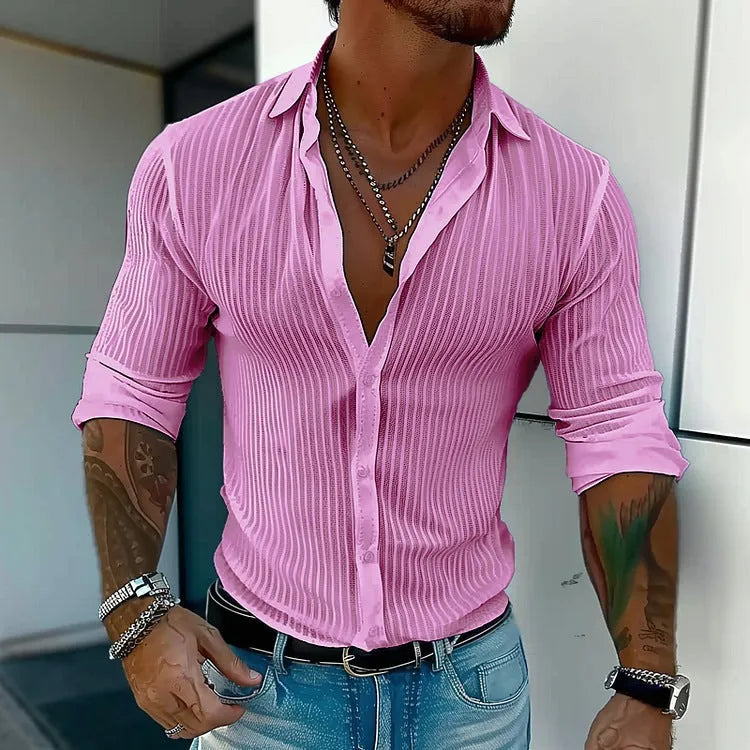 Men's striped long sleeve cardigan shirt in British style loose fit on hanger