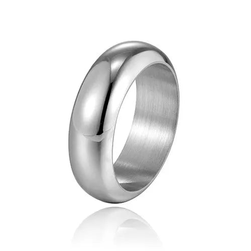 Glossy electroplated titanium steel ring in gold, black or steel colour showing shiny band design.
