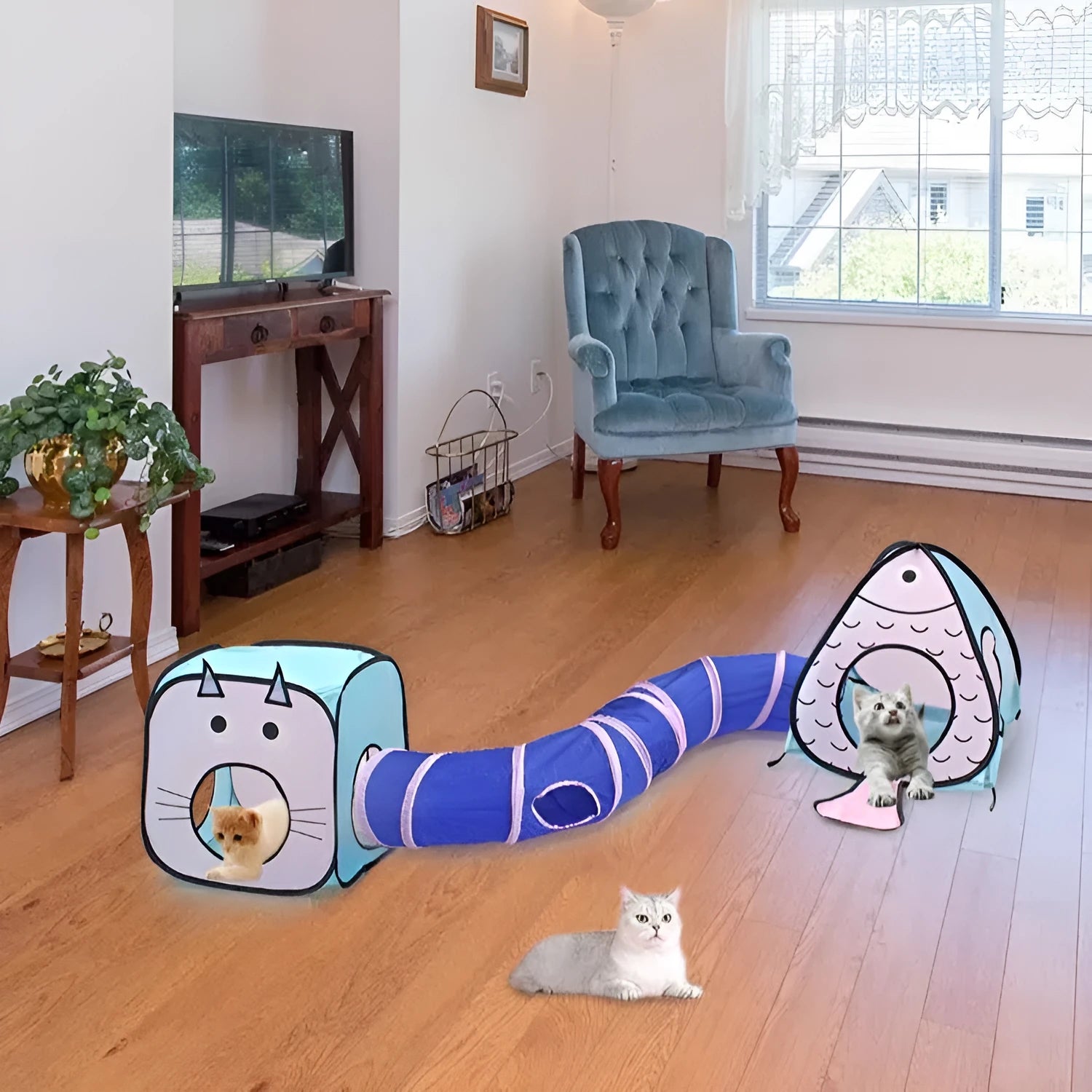 Foldable blue pet tent with cat and fish design for small animals