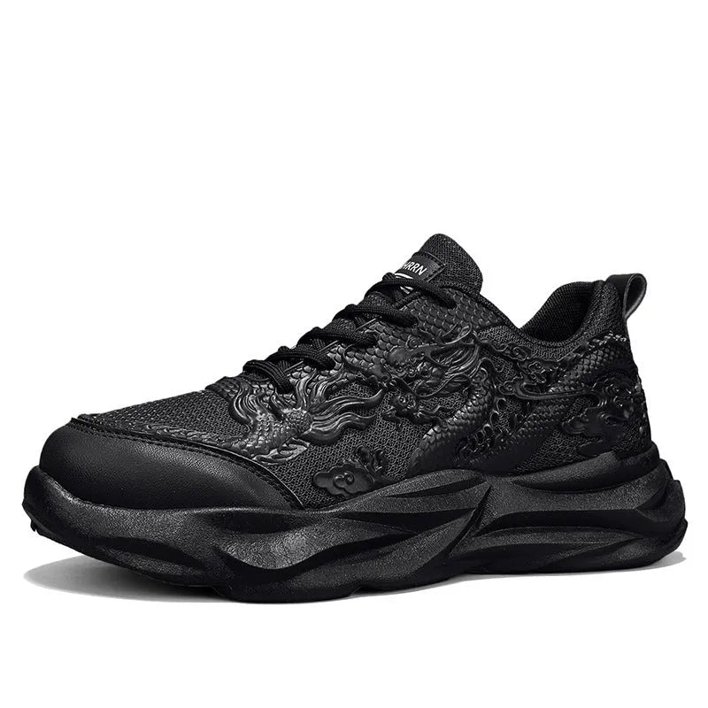 Chinese Loong casual sneakers with dragon print design on a breathable fly knit upper and rubber sole.